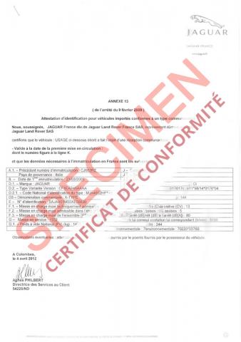 Certificat de Conformité Jaguar  XF